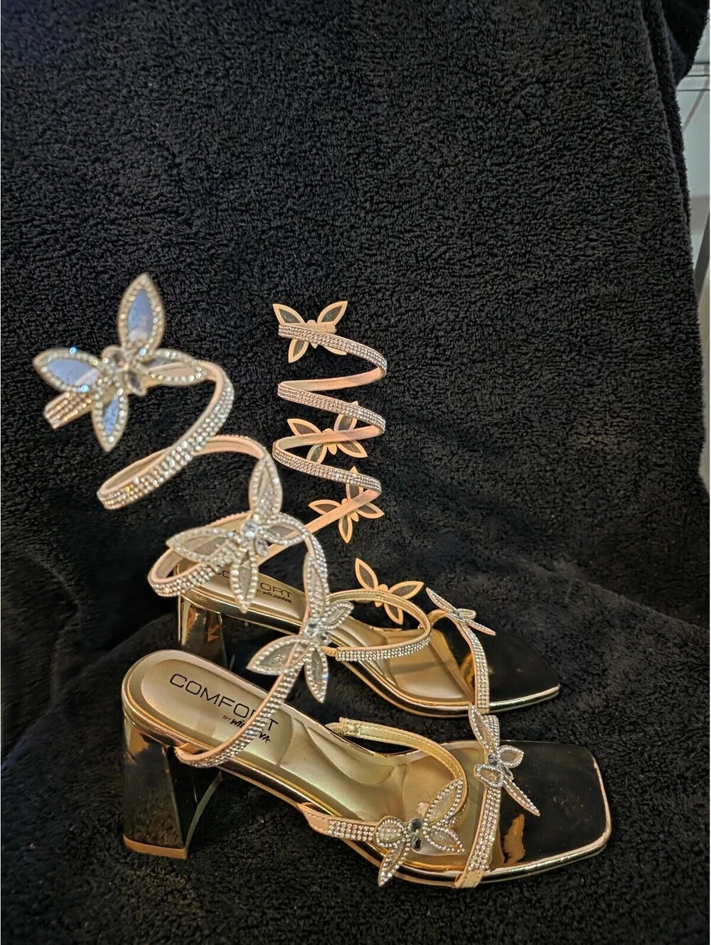 Comfort by Wild Diva Gold Butterfly Wrap Heels Women’s